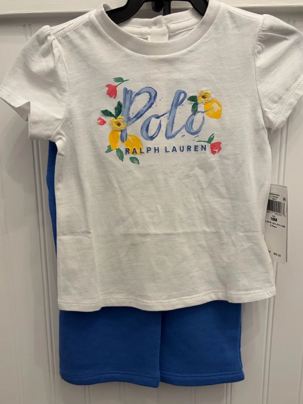 Ralph Lauren White Tee with Blue Script & Floral Accents & Blue Pants
